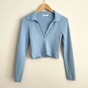 Aritzia Babaton Excerpt Sculpt Knit Polo Longsleeve Light Blue NWOT